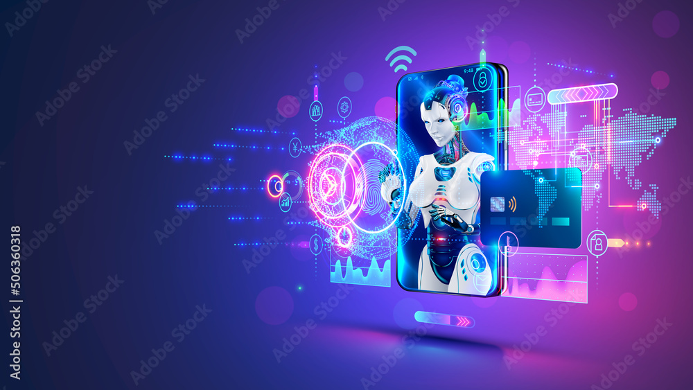 Aufkleber Banking chat bot with AI on screen phone. Artificial intelligence in fintech. Chatbot service of online bank. App with Financial Analytics on smartphone. Woman robot work in support of internet bank.