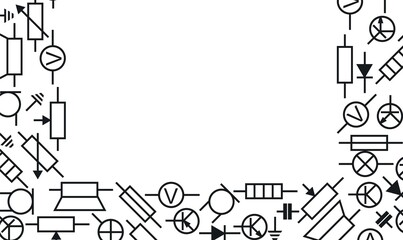Radio component. Radio electronic circuit. Resistor, transistor, diode and capacitor. Frame picture. Symbolic designation. Isolated on white background. Vector