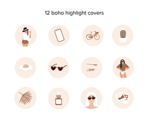 Woman highlights for social media. Boho women blog beauty lifestyle. Vector contemporary art illustration. Abstract fashion silhouettes, 