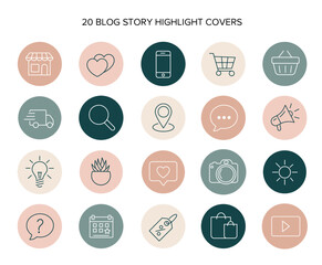 Line style graphics isolated vector template. Minimalistic and modern large set of highlights Covers. Abstract patterns and stamps in a pastel palette. Icons in a circle on a white background.