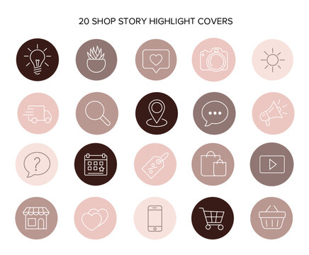 Modern large set of highlights covers Icons in a circle on a white background. Abstract minimal patterns and stamps in a pastel nude palette. Line style graphics isolated vector template. 