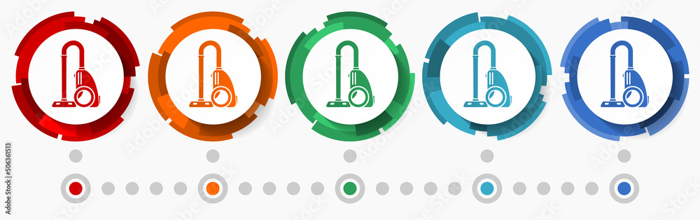 Poster Vacuum cleaner, housework concept vector icon set,  modern design abstract web buttons in 5 color options, infographic template for webdesign and mobile apps