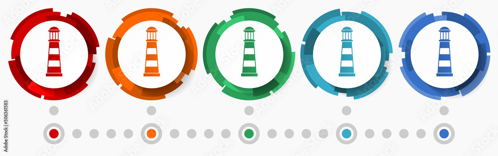 Poster Lighthouse, travel concept vector icon set,  modern design abstract web buttons in 5 color options, infographic template for webdesign and mobile apps