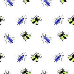 Vector seamless pattern of flies, mosquitoes. Annoying unpleasant insects harmful to humans. Bright background and texture for pest control