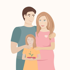 Happy mothers day family love concept. Pregnant woman and man and daugther with small green plant in pot. Vector illustration