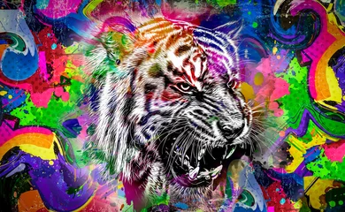Tuinposter Colorful artistic tiger muzzle with bright paint splatters © reznik_val