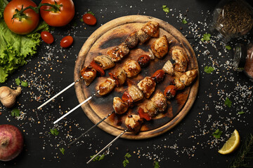 Above view grilled of chicken meat skewers cherry tomato and sweet pepper and onions in wooden plate. Barbecuing dinner