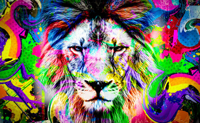 Colorful artistic lion muzzle with bright paint splatters color art