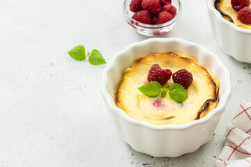 Cottage cheese yogurt berry bake. Top view, copy space, flat lay.