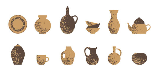Clay utensils vector icons, natural eco friendly material kitchenware. Set of vases, ceramic jugs, bowls, pots, plate, cup and teapot