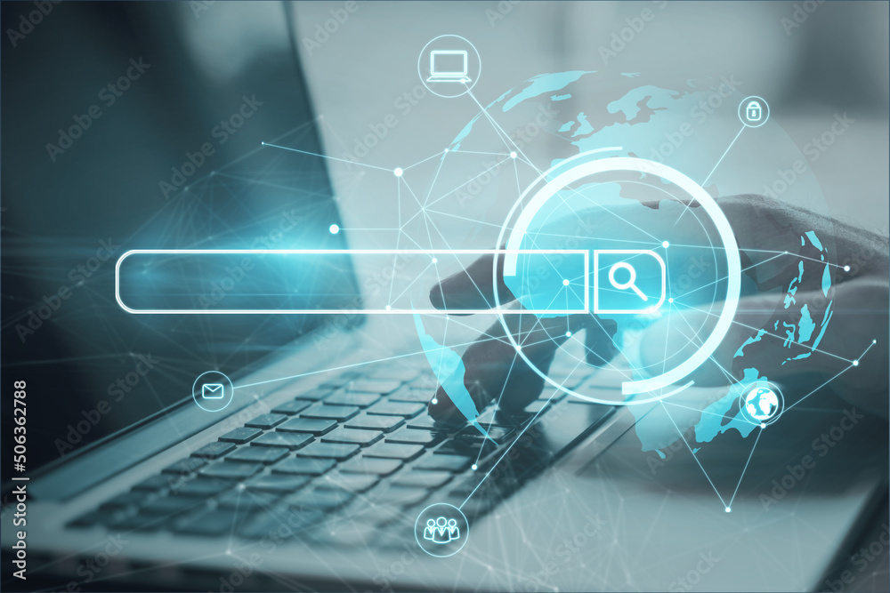 Poster Online and internet search concept with double exposure of human hand typing on laptop keyboard and digital glowing screen with world map and search field window. Double exposure