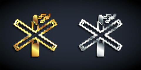 Gold and silver No smoking icon isolated on black background. Cigarette smoking prohibited sign. Long shadow style. Vector