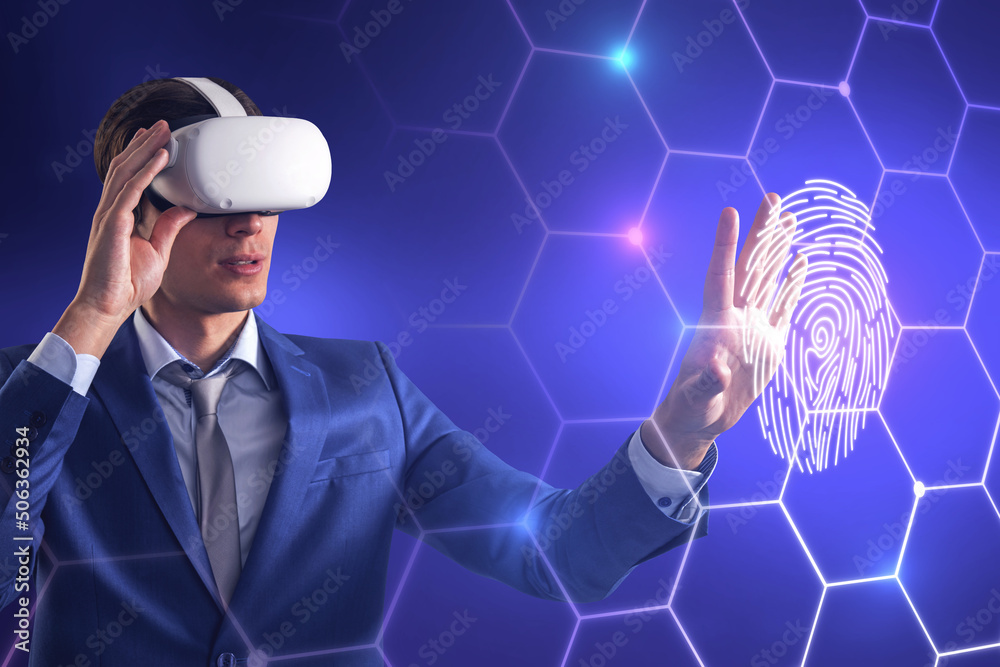 Poster attractive young european male with vr glasses on blue background with digital thumb print biometric
