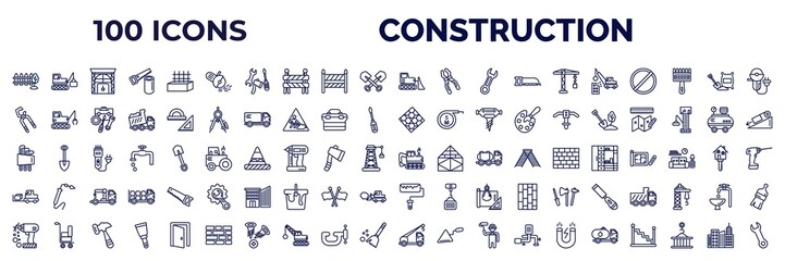 set of 100 construction web icons in outline style. thin line icons such as garden fence, angle grinder, bulldozer, demolition, big clippers, paving, hex key, trolley truck, electric drill, crane