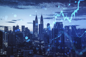 Abstract growing forex chart and dot map on blue night city backdrop. Investment, stock market and financial success. Double exposure.