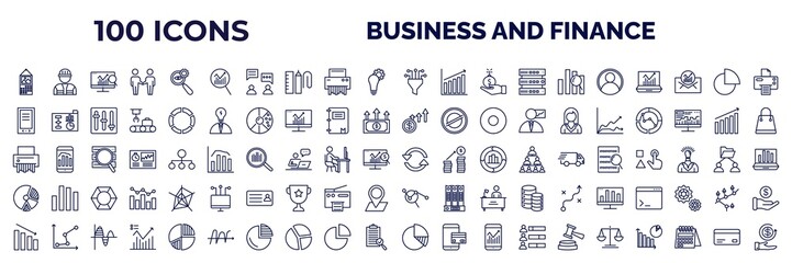 set of 100 business and finance web icons in outline style. thin line icons such as monthly wall calendar, data analytics, funneling data, accounting, gadget, increase money, shredder, pie chart