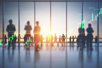 Trading and business investing concept with blurred people silhouettes at sunset and digital...