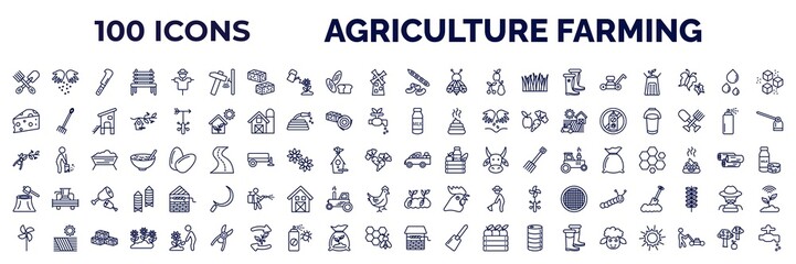 set of 100 agriculture farming web icons in outline style. thin line icons such as pitchfork, hammering, legume, mower, cheese, milk jar, pruning shears, wood chop, pinwheel, water well, sheep, - obrazy, fototapety, plakaty