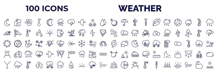 set of 100 weather web icons in outline style. thin line icons such as twilight, hail, new moon, overcast, calm, climate, tropical storm, volcano, convergence, deluge, atmospheric pressure, cloudy - obrazy, fototapety, plakaty