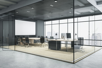 Modern glass office interior with empty mock up poster on wall, window and city view, furniture and equipment. Workplace concept. 3D Rendering.