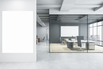 Modern glass office interior with empty mock up banner on wall, window and city view, furniture and equipment. Workplace concept. 3D Rendering.