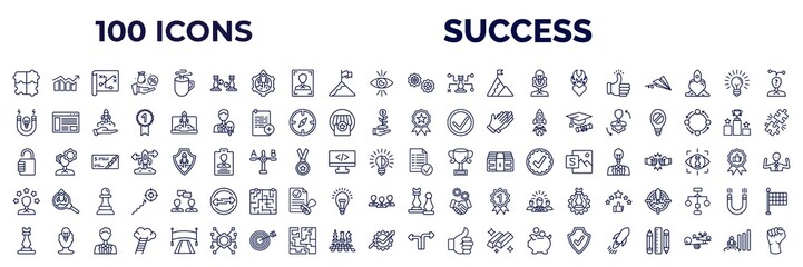 set of 100 success web icons in outline style. thin line icons such as jigsaw, fight, gears, accept, idea magnet, quality, open padlock, experience, rook, decision, quick, increase vector.