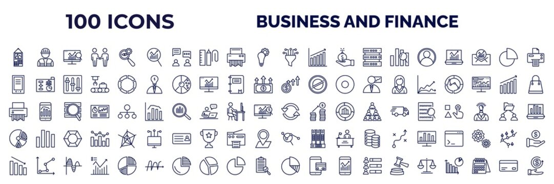 set of 100 business and finance web icons in outline style. thin line icons such as monthly wall calendar, data analytics, funneling data, accounting, gadget, increase money, shredder, pie chart