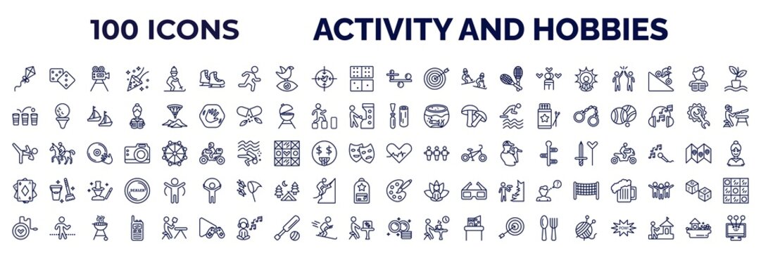 set of 100 activity and hobbies web icons in outline style. thin line icons such as flying a kite, ice skating, balancing, yoga, beer pong, wood carving, martial art, baccarat, yoyo, dish washing,
