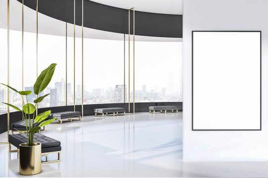 Blank white poster in black picture frame in spacious round office hall with gold and black benches, city view from big window and light glossy marble floor. 3D rendering, mock up