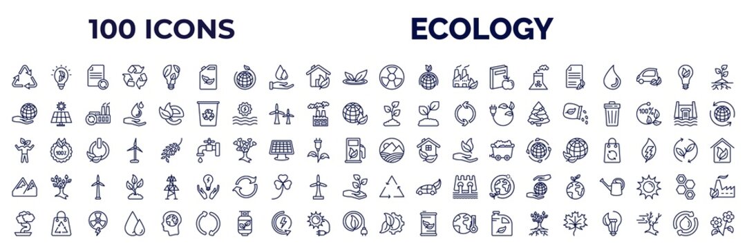 set of 100 ecology web icons in outline style. thin line icons such as recycling, biofuel, radioactive, eco paper, globe on hand, plant a tree, eco volunteer, snowy mountains, bonsai, eco industry,