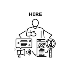 Hire Employee Vector Icon Concept. Recruiter Searching Candidate For Job, Interview And Hire Employee. Recruitment Company Service For Search And Recruit Colleague Manager Black Illustration