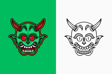 illustration of green demon with red eyes and horns. color and line art style. suitable for mascot, logo or t-shirt design