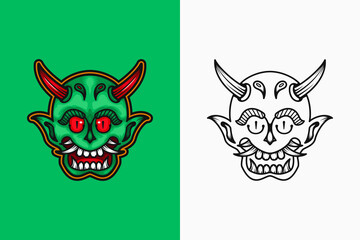 Fototapeta premium illustration of green demon with red eyes and horns. color and line art style. suitable for mascot, logo or t-shirt design
