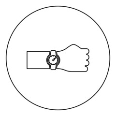 Wristwatch on hand Time on watch hand icon in circle round black color vector illustration image outline contour line thin style