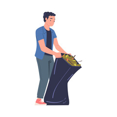 Man Volunteer Cleaning Picking up Garbage and Foliage in Bag Vector Illustration