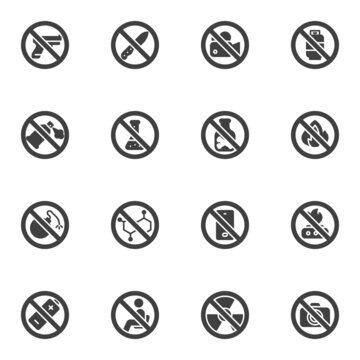 Aviation prohibited items vector icons set