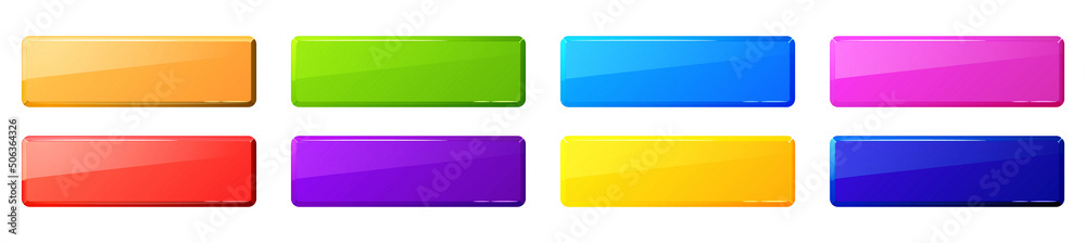 Poster rectangular buttons for game menu, mobile app or website interface. vector cartoon set of blank glos