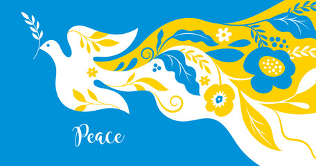 Dove of peace and flowers. Symbol of peace , horizontal banner. Ukraine flag colors
- 506364788