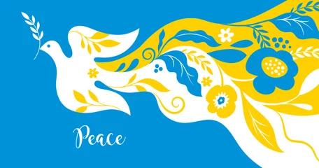 Fotobehang Dove of peace and flowers. Symbol of peace , horizontal banner. Ukraine flag colors   © LenLis