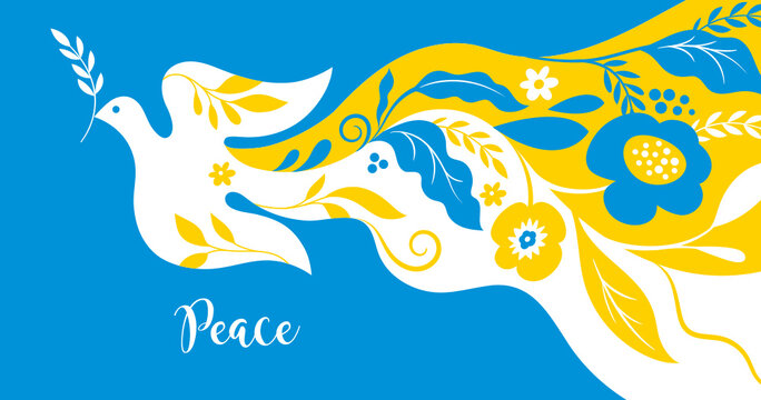 Dove of peace and flowers. Symbol of peace , horizontal banner. Ukraine flag colors	
