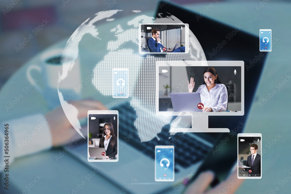 Poster Close up of hands at workplace with devices and creative globe map with computer screens and creative video conference call between attractive young european businesspeople.