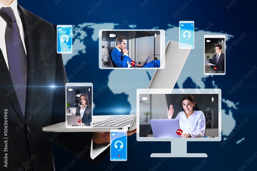 Poster businessman hand holding laptop with creative globe map with computer screens and creative video con