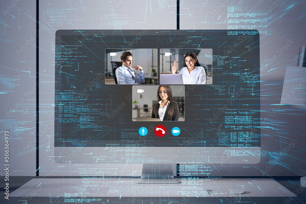 Poster Close up of computer with creative video conference call on screen. Work, home and remote team concept.