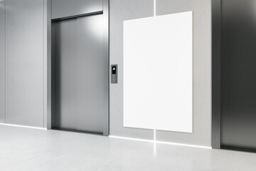 Side view on blank white poster with copyspace for your text on grey wall near elevator in industrial interior design office hall. 3D rendering, mockup