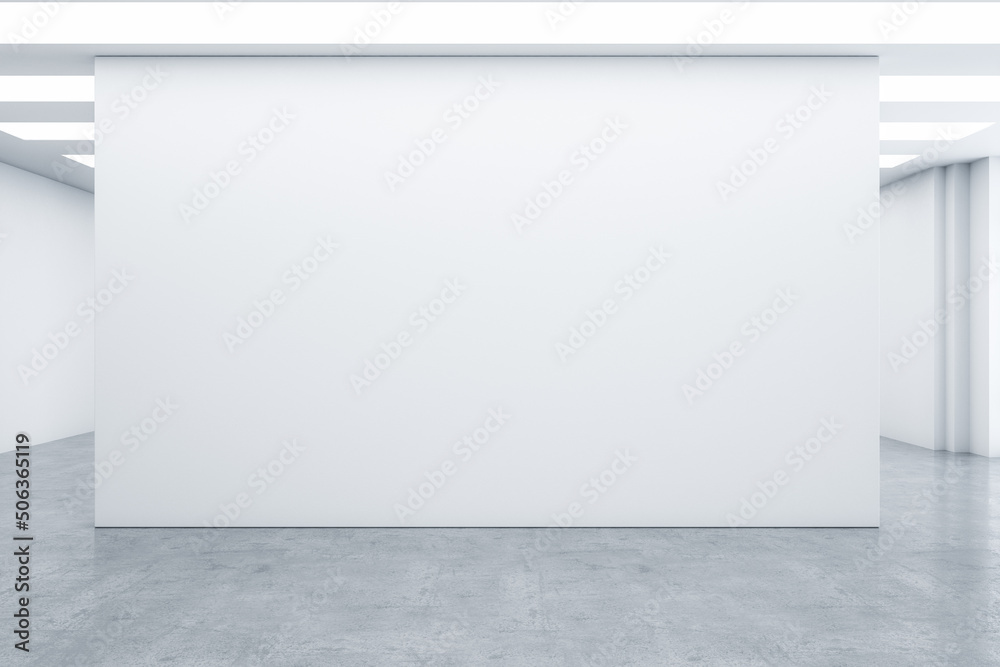 Poster Big blank white wall part on concrete floor in empty light abstract hall with minimalistic interior design. 3D rendering, mock up