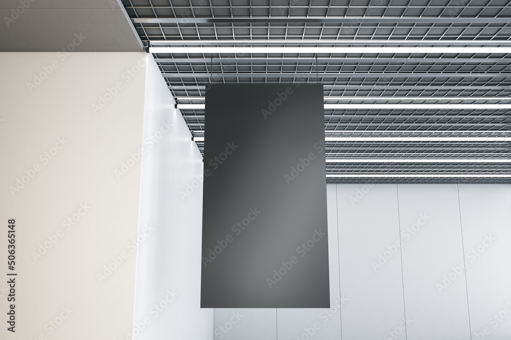 Poster close up of empty black stopper hanging in concrete interior with industrial ceiling. mock up, 3d re