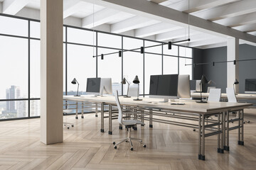 Side view on stylish eco interior design work places in open space office with white ceiling and wooden columns, parquet floor and city skyscrapers view from glass wall. 3D rendering