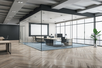 Contemporary glass office interior with empty white poster on wall, window and city view, wooden flooring, furniture and equipment. Workplace concept. 3D Rendering.