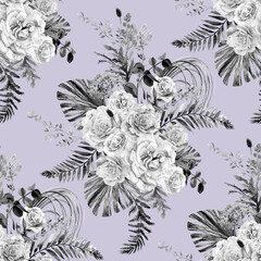 Watercolor vintage black and white seamless pattern with a herbarium of white rose flowers and tropical palm leaves