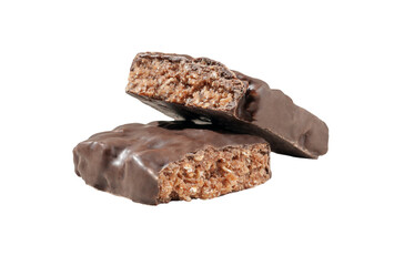 Protein bar with oatmeal crispy crust in chocolate icing. Cut into two pieces. Close-up. White background. Isolated.